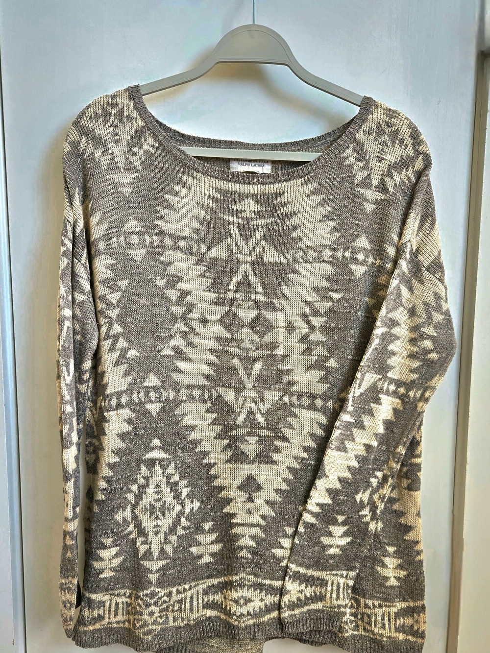Denim & Supply Ralph Lauren Southwestern Aztec Cotton Knit Sweater Cream Grey